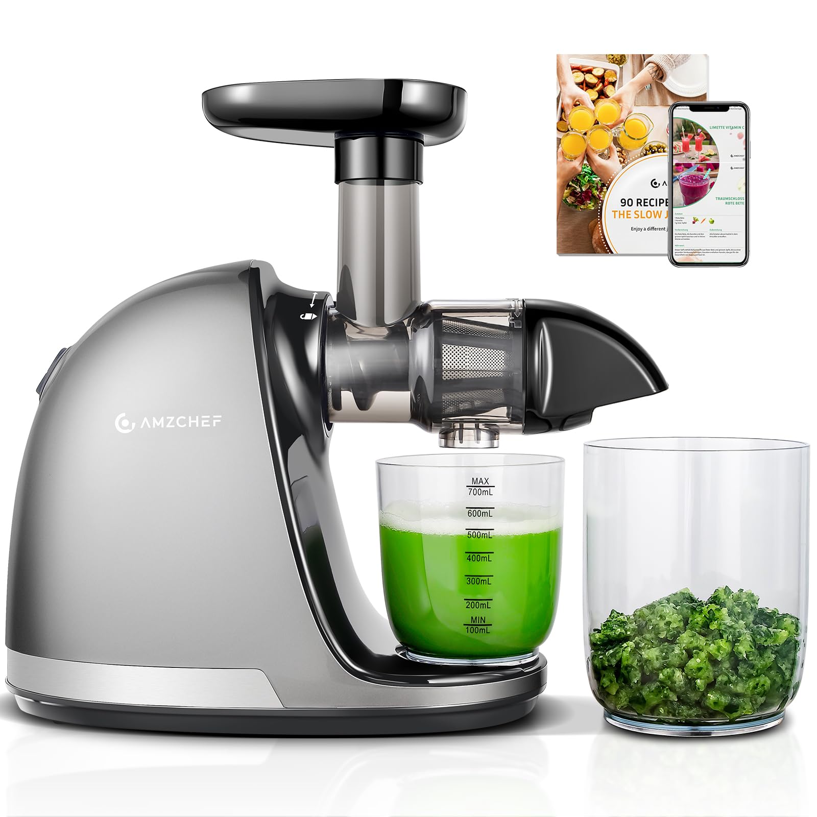 AMZCHEF Juicer Machines - Cold Press Juicer - Slow Masticating for Whole Fruits and Vegetables - Delicate Chew No Need to Filter - No BPA Juice Extractor with 2 Cups and Brush - Green