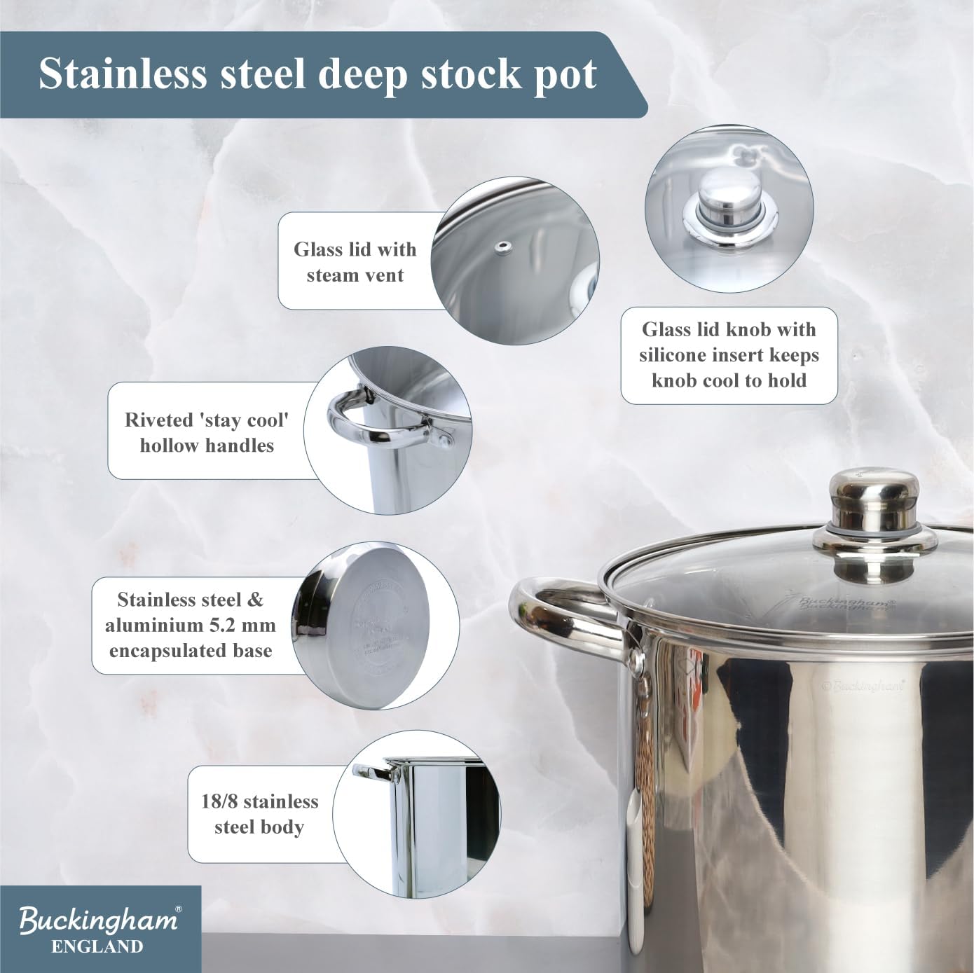 Buckingham Stainless Steel Stock Pot with lid Multipurpose Large Cooking Pot for Soups Stews (11 Litre)