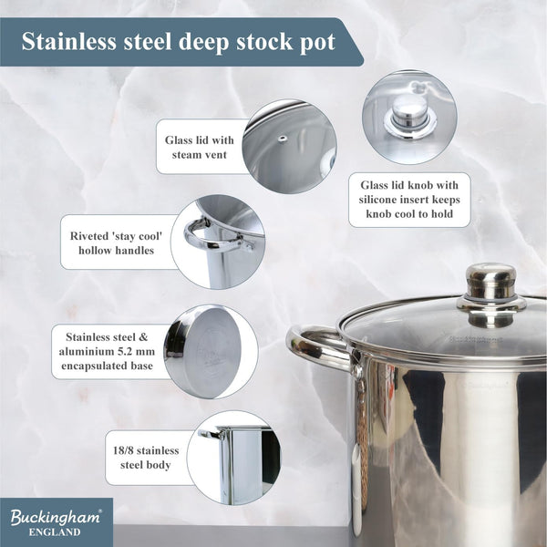Buckingham Stainless Steel Stock Pot with lid Multipurpose Large Cooking Pot for Soups Stews (11 Litre)