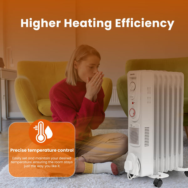 Devola 1500W 5 Fin Oil Filled Radiator, Low Energy Electric Heater with Thermal Fuse for Overheat Cut Off, Adjustable Heating Dial, Turbo Heating Option via PTC Fan, 24 Hour Timer - DVSOR5F15W (White)