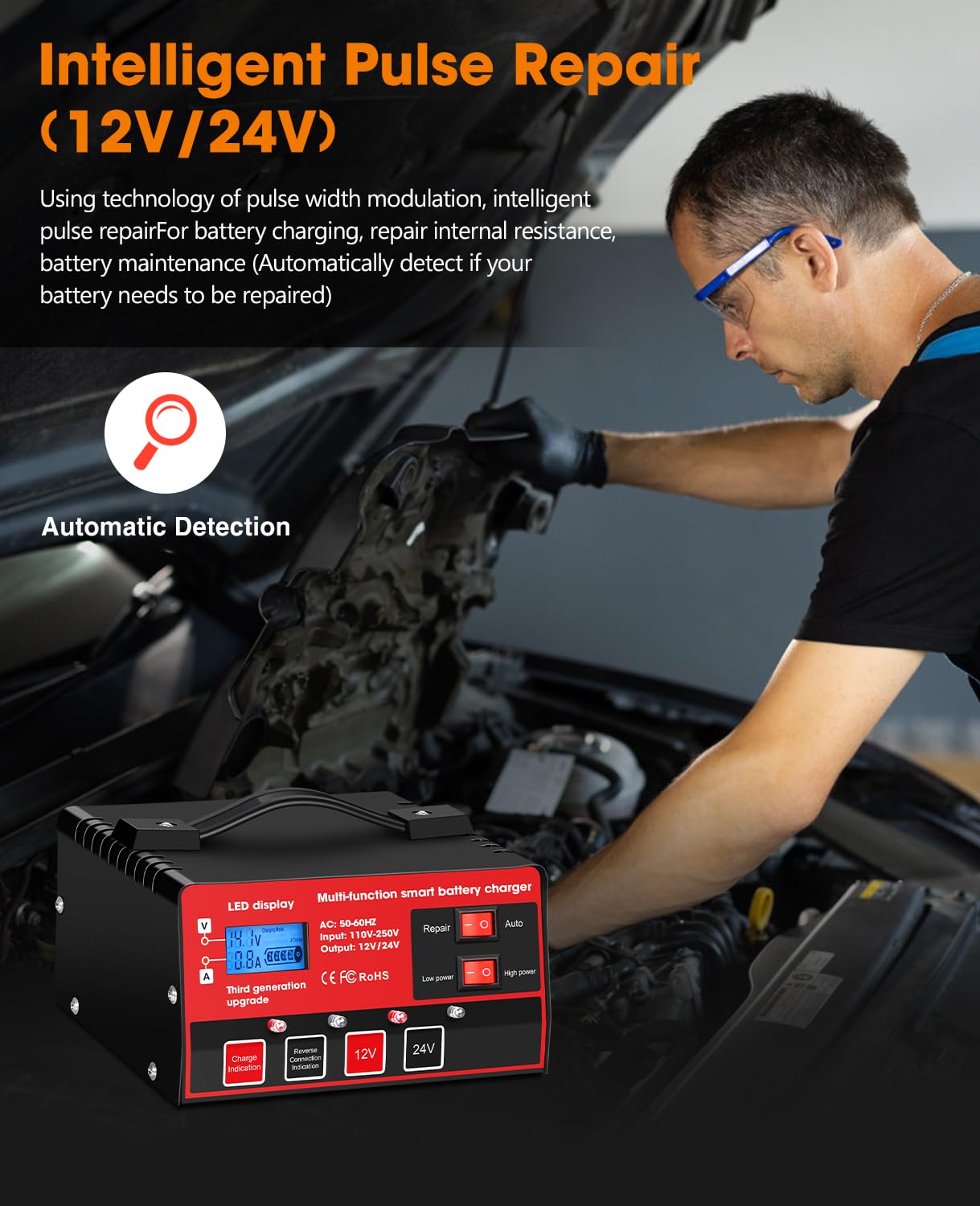 Outerman Car Battery Charger,12V-12A/24V-8.5AMP Smart Automatic Battery Charger,High/Low Power Trickle Charger Battery Maintainer,for Car Motorcycle Lawn Mower Marine