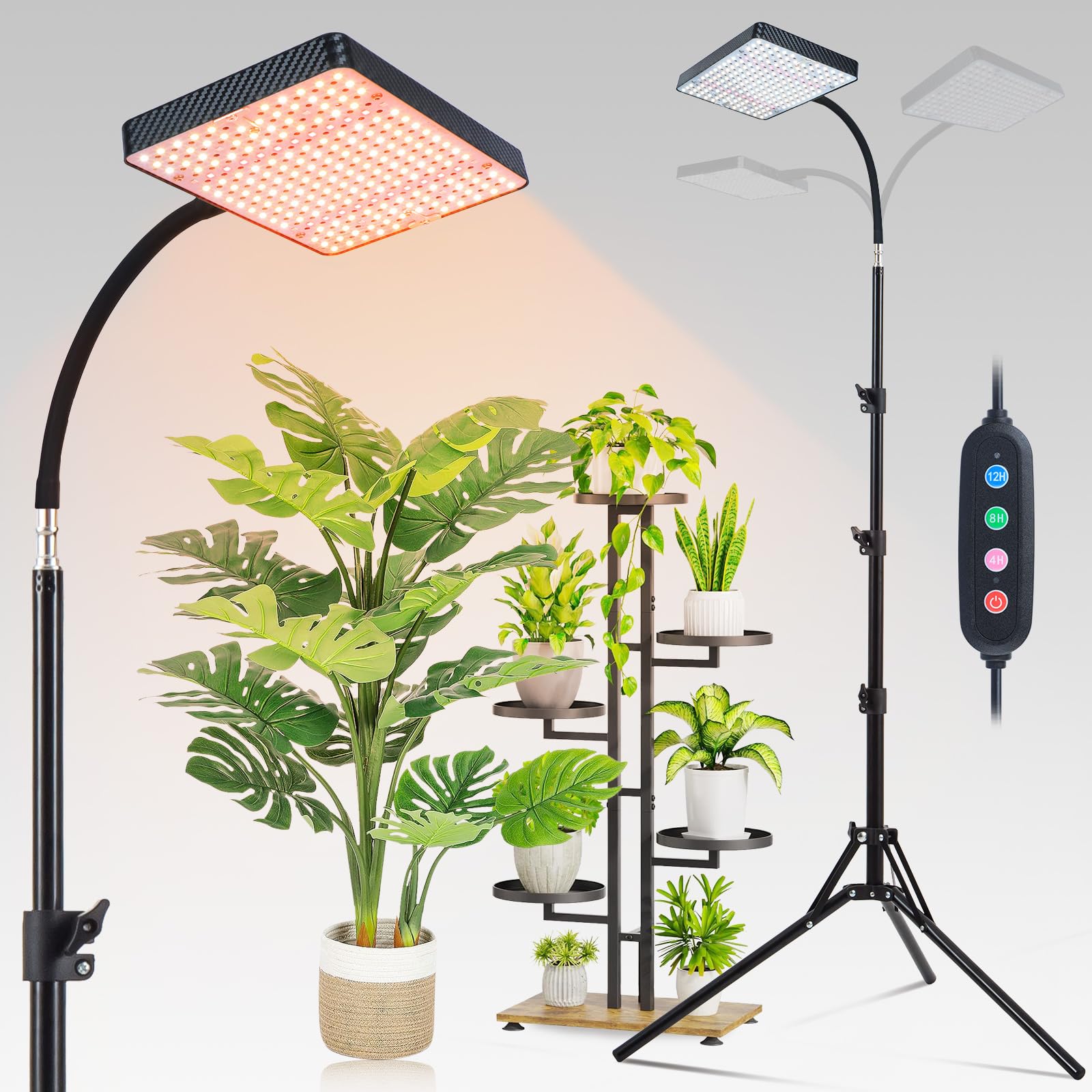 FECiDA Standing Grow Lights for Indoor Plants Full Spectrum, Stepless Dimming Grow Light with Stand for Tall Bonsai Plants, 4/8/12/16 Hr Timer, 2000