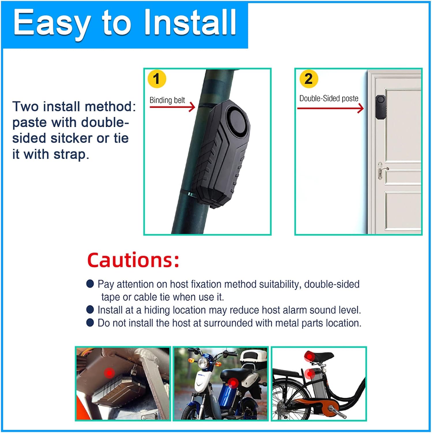 Wireless Bicycle Alarm, Anti-Theft Vibration Motorcycle Bicycle Alarms Waterproof Vehicle Security Alarm System Volume & Sensitivity Adjustable for Car Scooter Door Window (1 Alarm & 2 Remote)