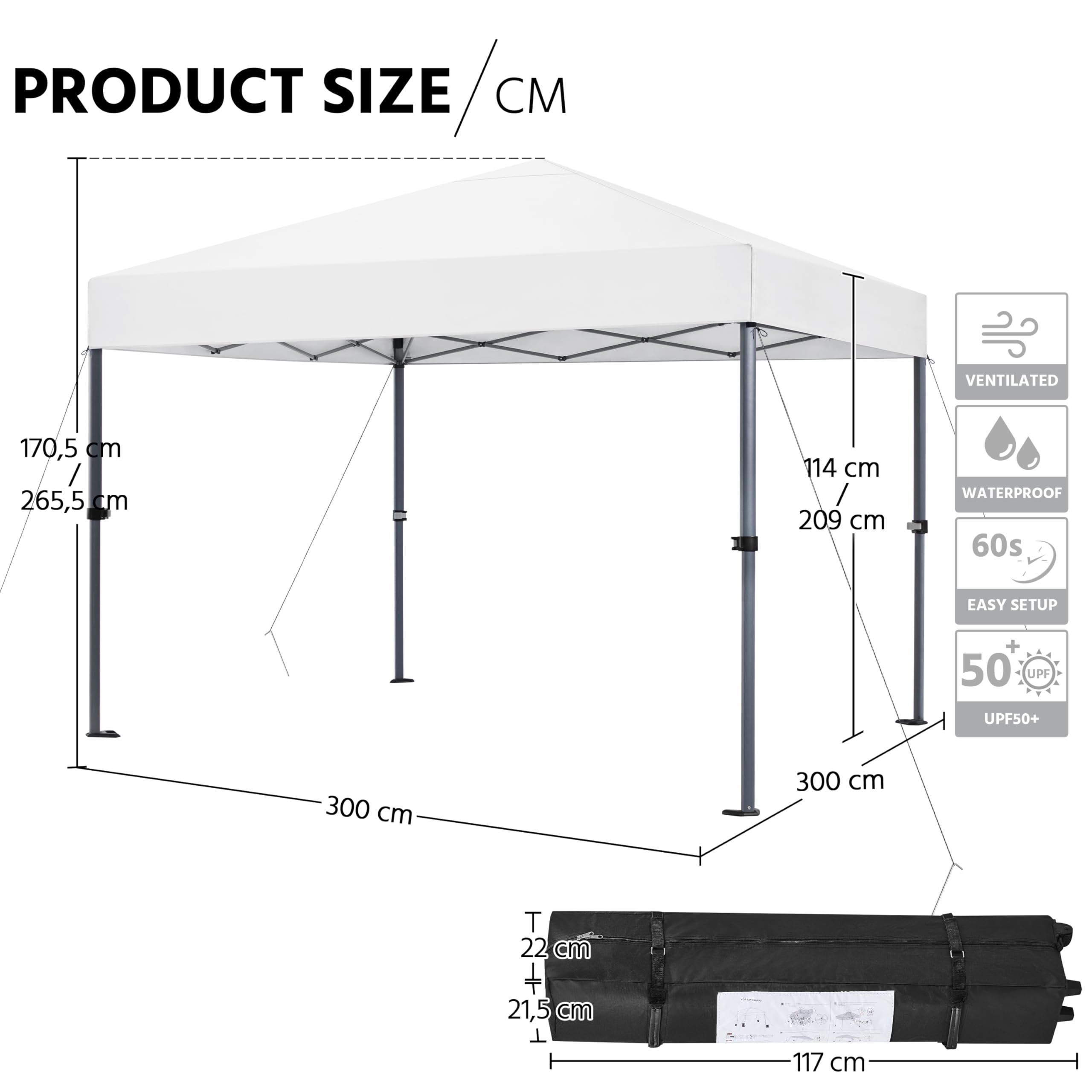 Yaheetech Pop Up Gazebo, 3x3m Easy One Person Setup Instant Shelter, Waterproof Garden Patio Canopy with 4 Sandbags, 4 Ropes & 8 Stakes, Wheeled Bag, Steel Frame, Adjustable Height - Beige