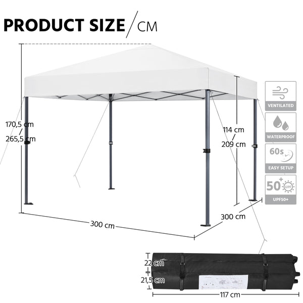 Yaheetech Pop Up Gazebo, 3x3m Easy One Person Setup Instant Shelter, Waterproof Garden Patio Canopy with 4 Sandbags, 4 Ropes & 8 Stakes, Wheeled Bag, Steel Frame, Adjustable Height - Beige