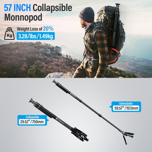 SIRUI SVM-145 Camera Monopod with Feet for Photography, 145cm Carbon Fibre Camera Monopod with Removable Tripod Stand Base, for DSLR, Camcorder, Max Load 10kg