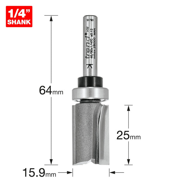 Trend Professional Guided Trimmer, 1/2 Inch Shank, 12.7mm Cut Diameter, 50mm Cut Length, Tungsten Carbide Tipped, 46/23X1/2TC