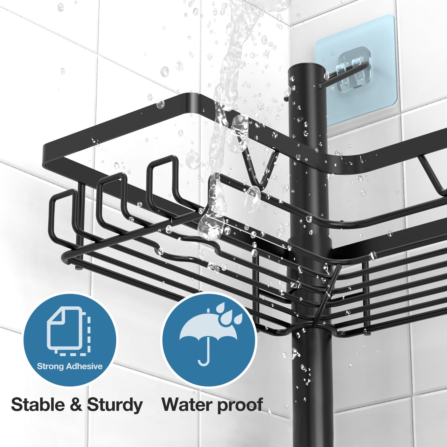 Kegii Telescopic Shower Caddy Corner - Stainless Steel Shower Shelf No Drilling Bathroom Caddy with Soap Holder and Hooks(White), On The Bath or Stand Up Shower