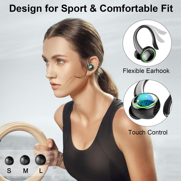 Wireless Earbuds, Bluetooth 5.4 Headphones, 50H+ Playtime Stereo Noise Canceling Headphones with 4 ENC Mic, Sport Ear buds with Earhooks, IPX7 Waterproof Wireless Earphones for Sport/Running/Gym