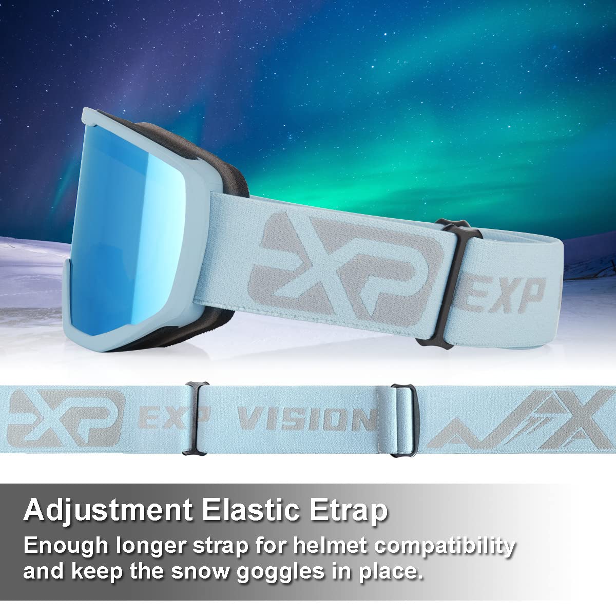 EXP VISION Ski Goggles, Anti fog Snow Snowboard Goggle OTG Dual lens with 100% UV400 Protection for Men Women (Grey Frame-Dream Blue)