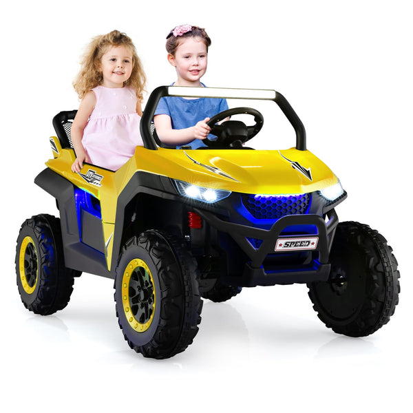 Kids Electric UTV, 2-Seater 12V Battery Powered Toy Car with Remote Control, Lights, Bluetooth, MP3, USB, FM, High/Low Speed & Suspension Spring, Children Ride on Car for 3-8 Years Old (Yellow)