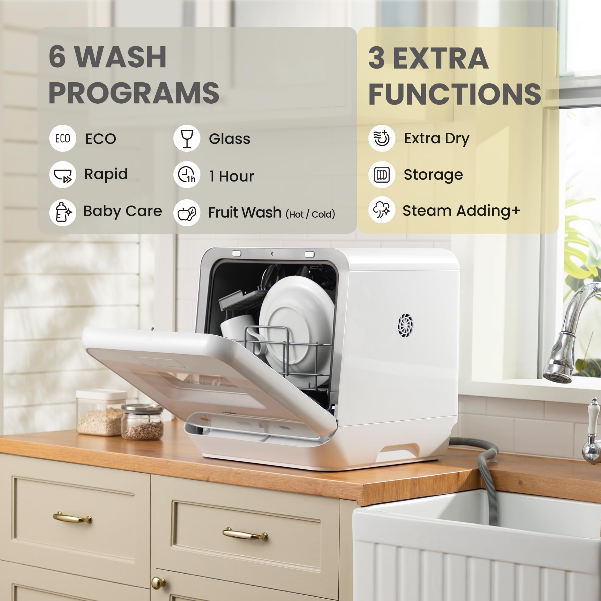 COMFEE' Table Top Dishwasher with 6 Place Settings, Mini Countertop Dishwasher for Small Families, Couples, LED display, Delay Start, 47dB Quiet Noise, White