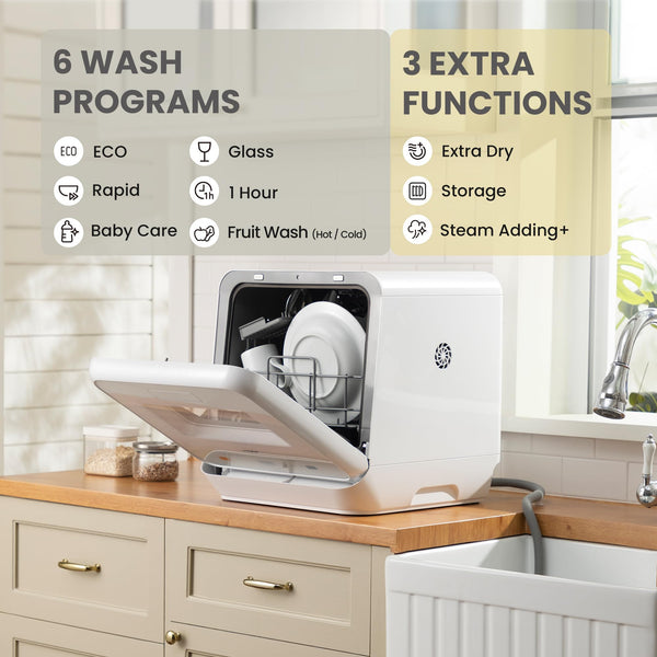 COMFEE' Table Top Dishwasher with 6 Place Settings, Mini Countertop Dishwasher for Small Families, Couples, LED display, Delay Start, 47dB Quiet Noise, White