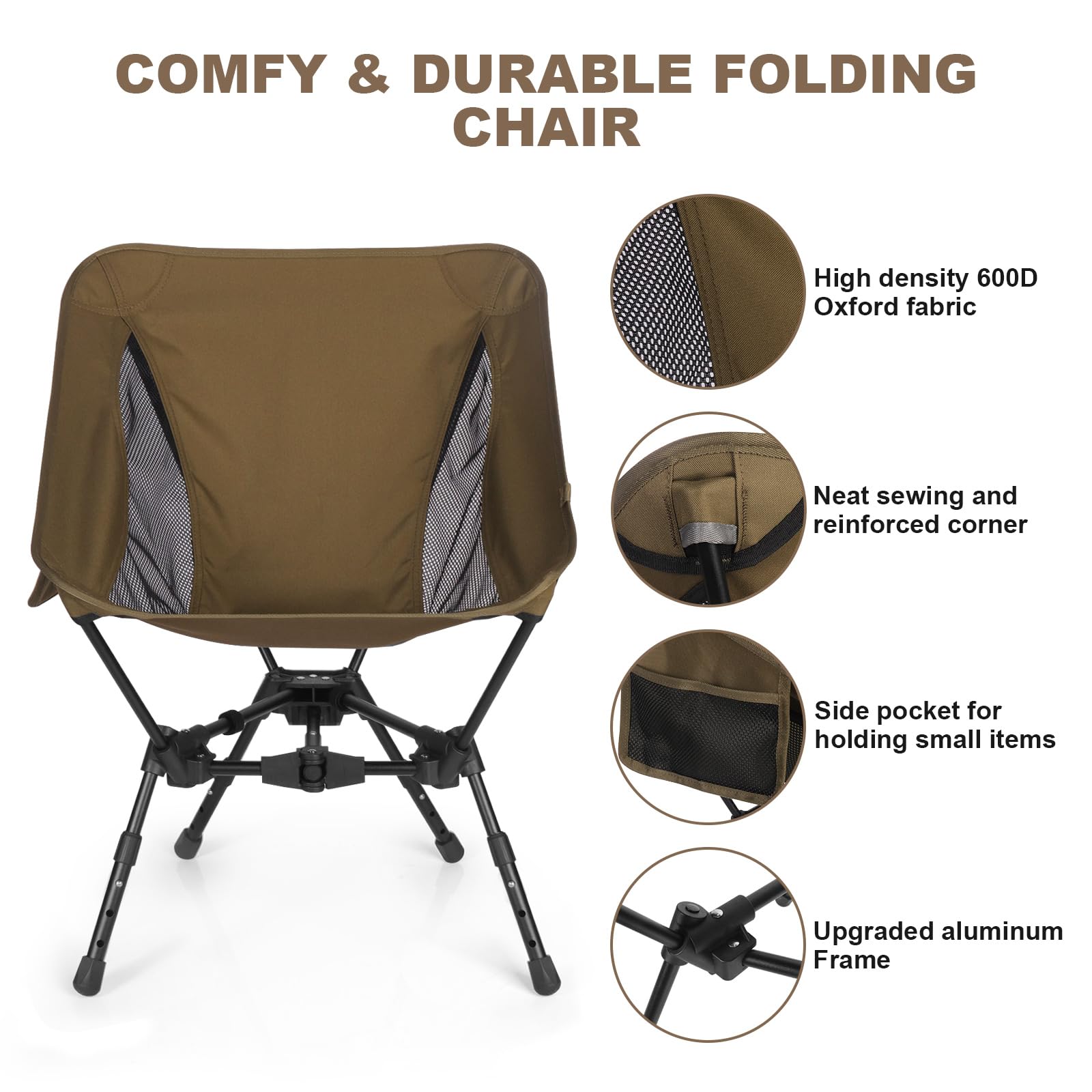 Portable Folding Camping Chair: Lightweight Height Adjustable Camping Chairs Stable Supports 330 Lbs with Side Pockets for Outdoor Camp, Travel, Beach, Lawn (Black)
