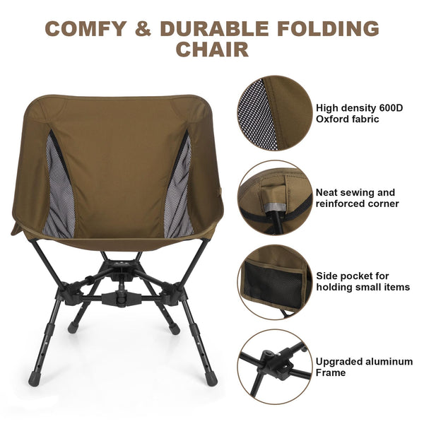 Portable Folding Camping Chair: Lightweight Height Adjustable Camping Chairs Stable Supports 330 Lbs with Side Pockets for Outdoor Camp, Travel, Beach, Lawn (Black)