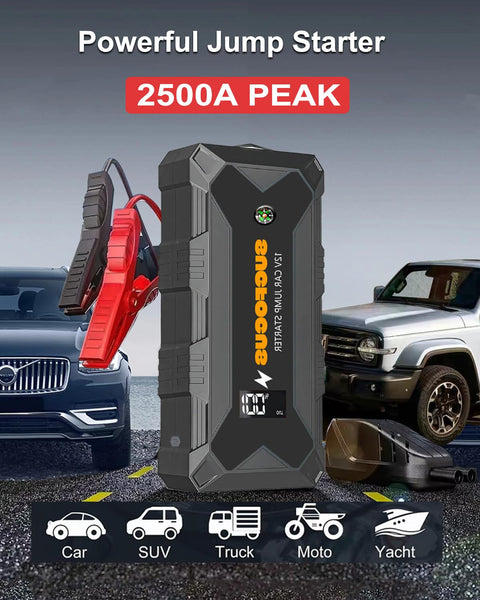 Jump Starter Power Pack, 2500A Car Battery Booster Jump Starter (for 8.0L Gas or 6.5L Diesel Engine), Car Jump Starter Power Bank, Battery Jump Starter with Jump Leads, LED Light/USB QC3.0