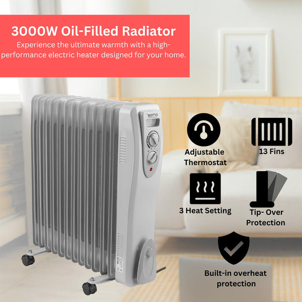 AMOS 1500W Electric Oil Filled Radiator Heater 7-Fin Portable Thermostat Heating Appliance with 3 Heat Settings, Safety Shut Off, and Power Indicator Light
