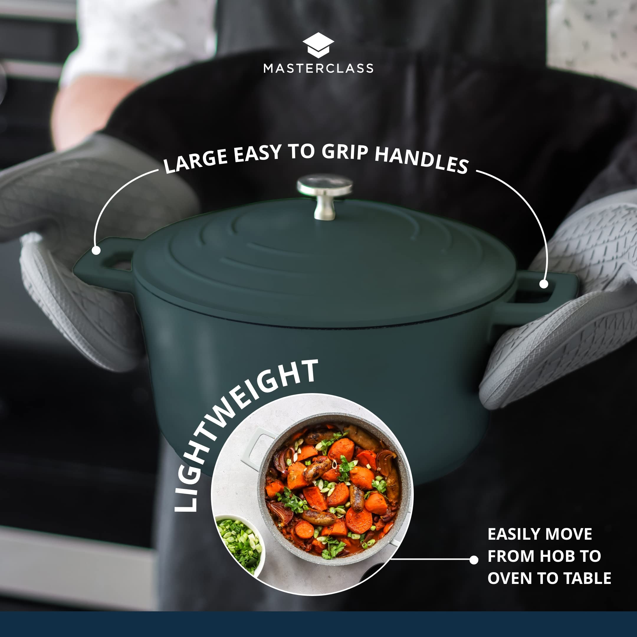 MasterClass Casserole Dish With Lid, Medium 4L/24 cm, Lightweight Cast Aluminium, Induction Hob And Oven Safe, Black