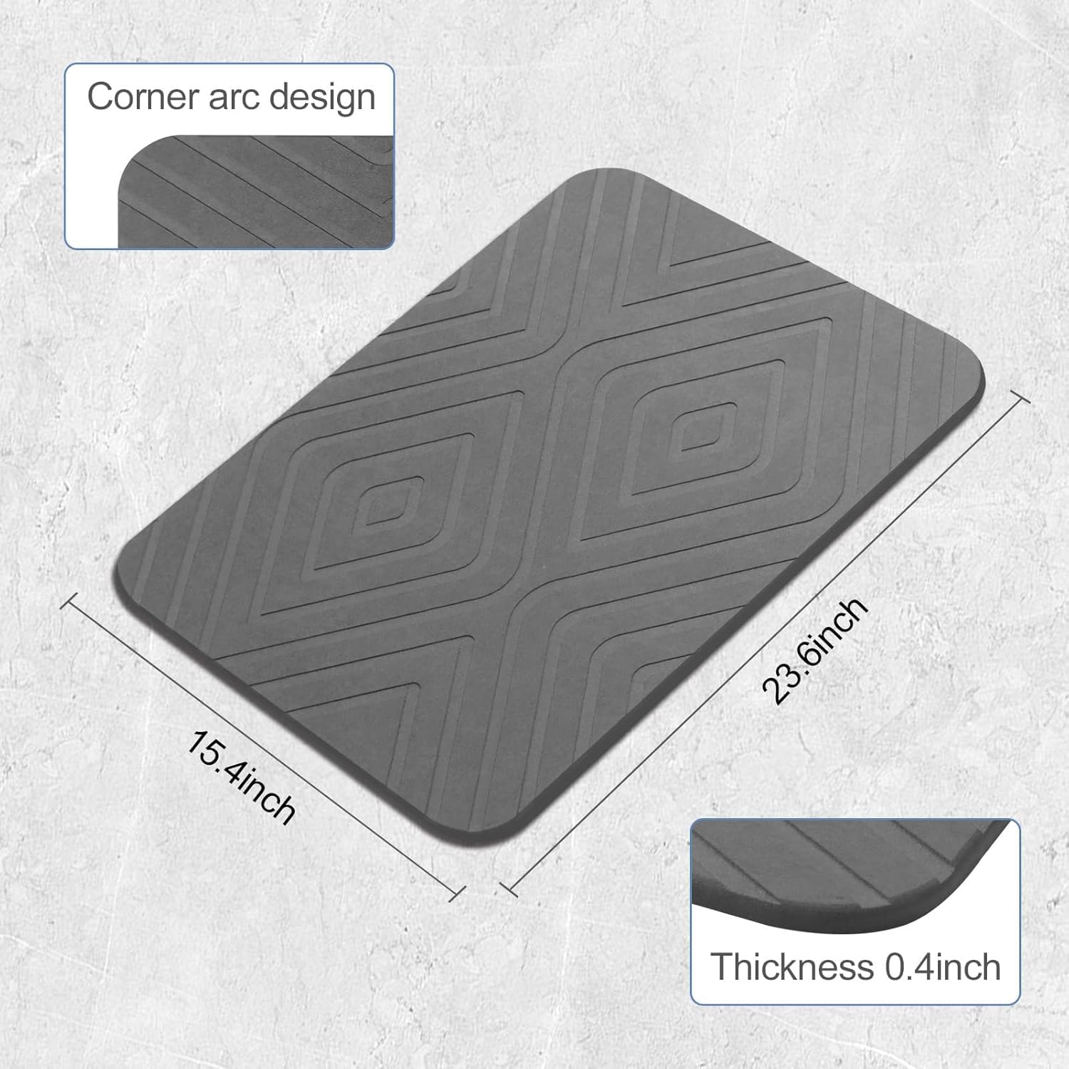 HUMIGA 2 Pack Stone Bath Mat, Diatomaceous Earth Shower Mat, Non-Slip Super Absorbent Quick Drying Bathroom Kitchen Floor Mat, 24x15, Grey