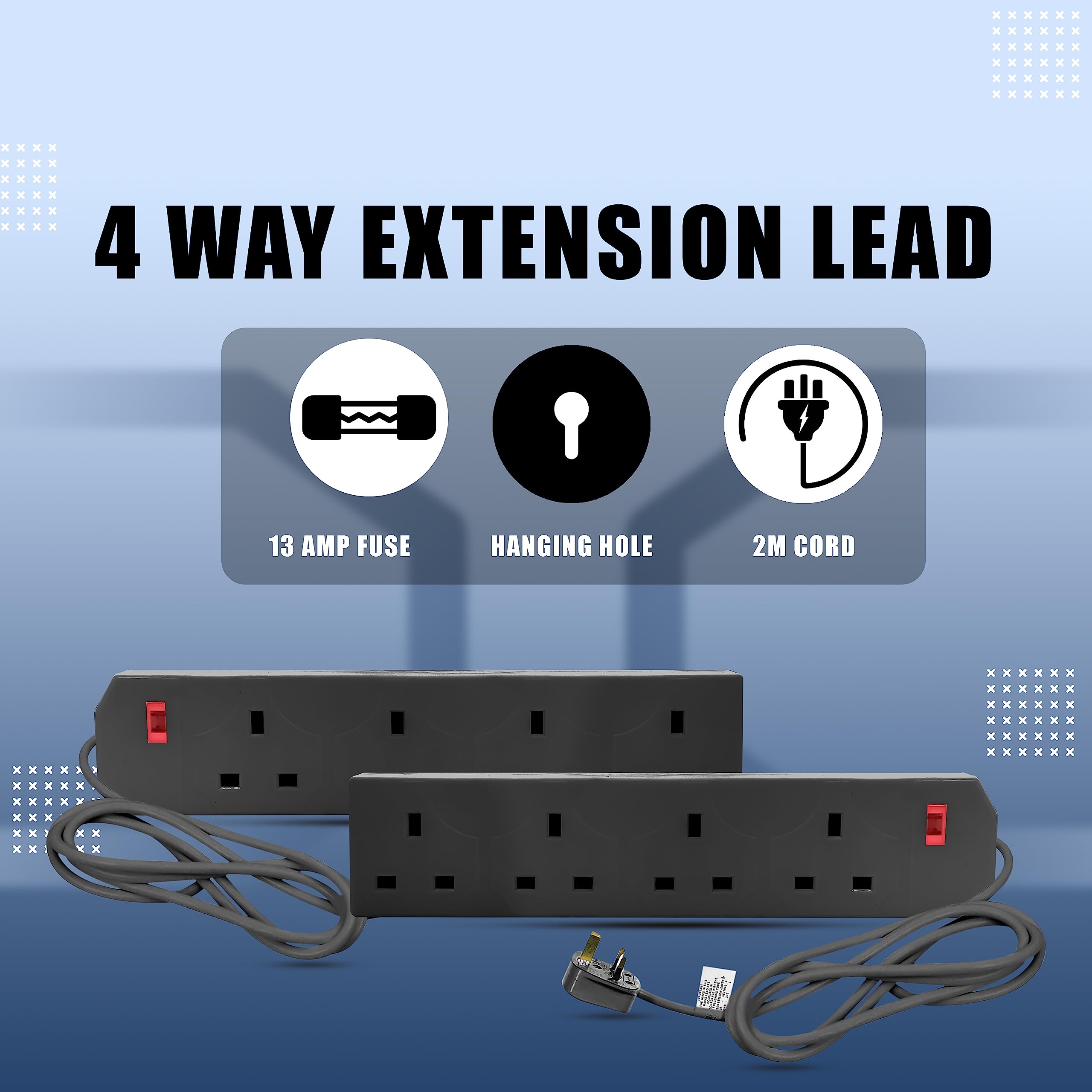 K-MART Heavy Duty Extension Lead UK Pin Plug and Cable, 4 Gang Way 2m Power Adapter, Multi Socket Mains Strip (White, 1 Pack)