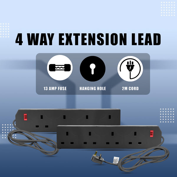 K-MART Heavy Duty Extension Lead UK Pin Plug and Cable, 4 Gang Way 2m Power Adapter, Multi Socket Mains Strip (White, 1 Pack)
