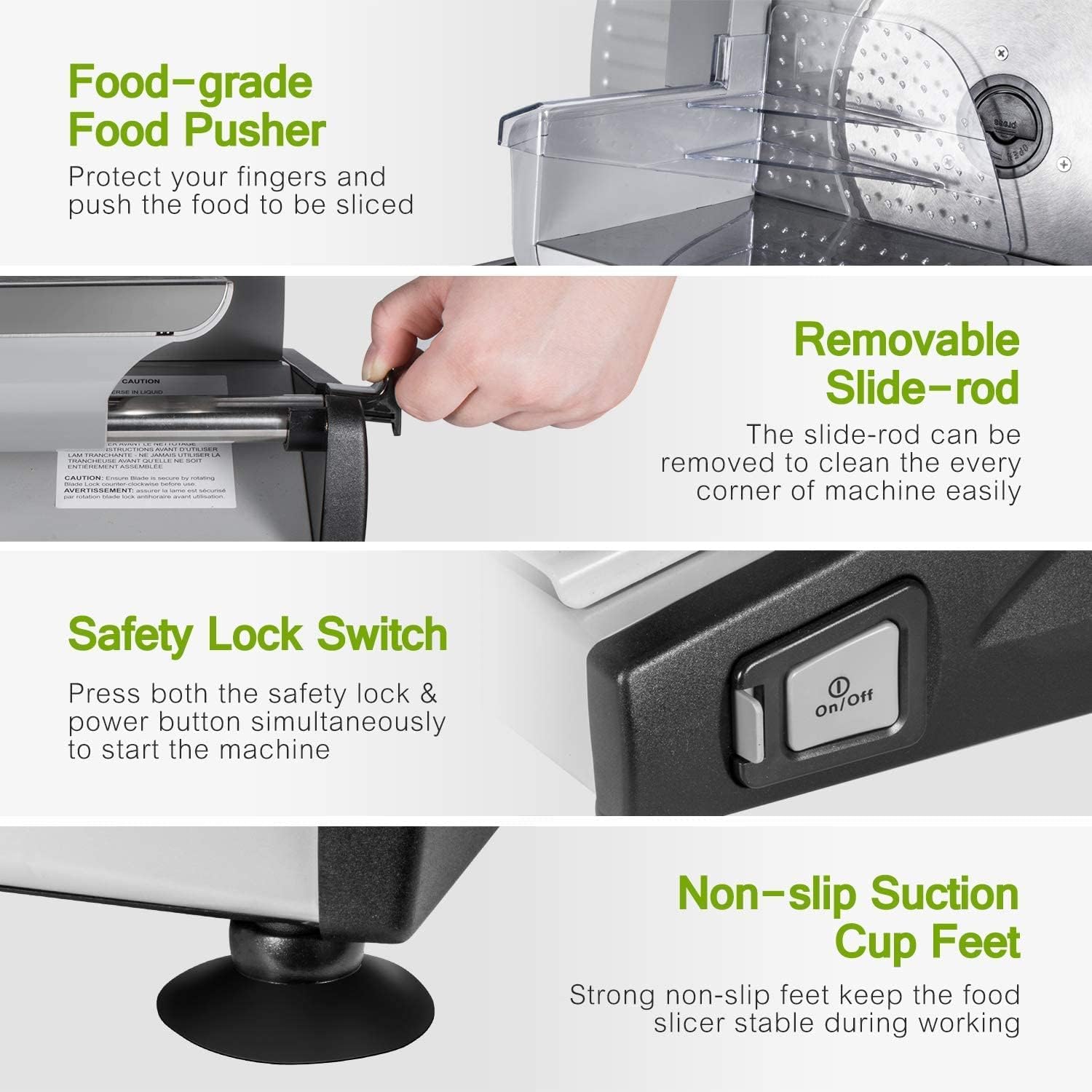 OSTBA SL-518 Electric Deli Food Slicer with Child Lock Protection, Removable 19cm Stainless Steel Blade and Food Carriage, 0-15mm Adjustable Thickness Food Slicer Machine for Meat, Cheese, Bread,150W