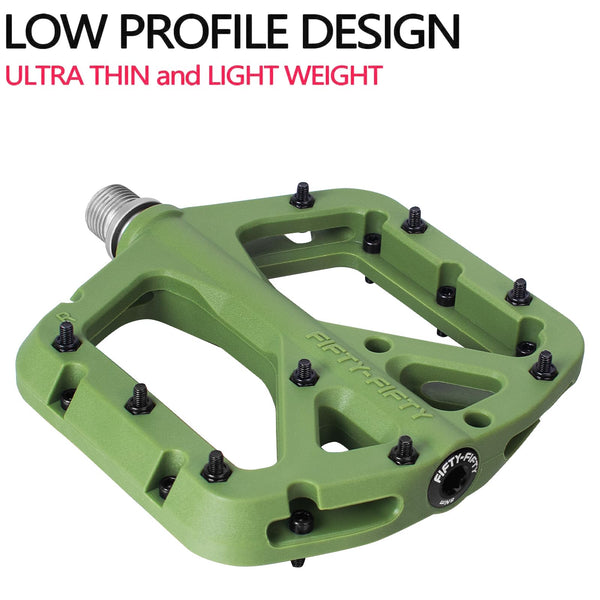 FIFTY-FIFTY Mountain Bike Pedals, Non-Slip MTB Nylon Composite, 9/16" Bicycle Pedals, Lightweight and Wide Flat Platform (Olive Green)