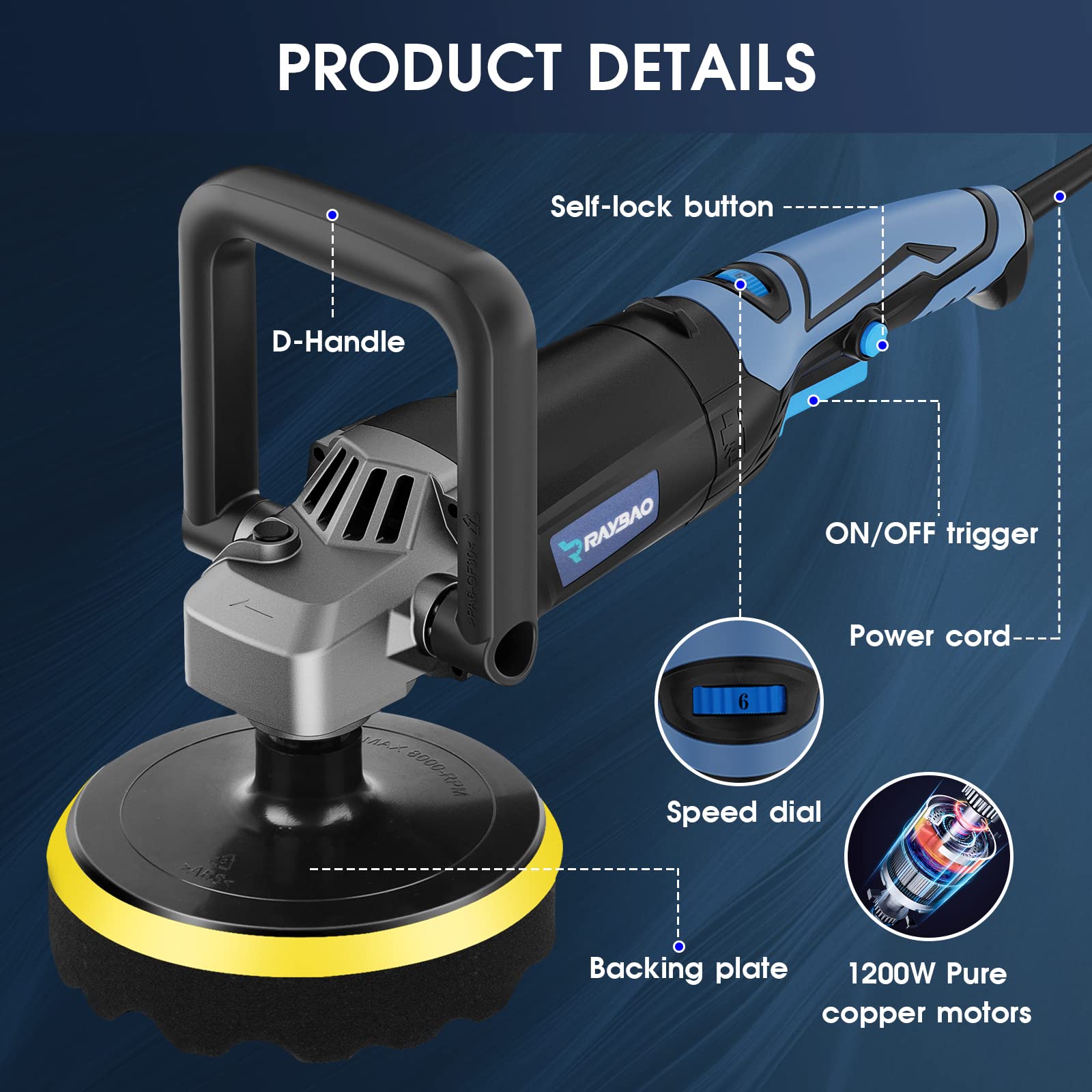 RAYBAO Car Polisher, 1200W Car Polishers and Buffers, Variable Speed 1600-3500RPM, Car Buffer Polisher Machine with Detachable Handle, 180mm/150mm Disc for Polishing/Waxing