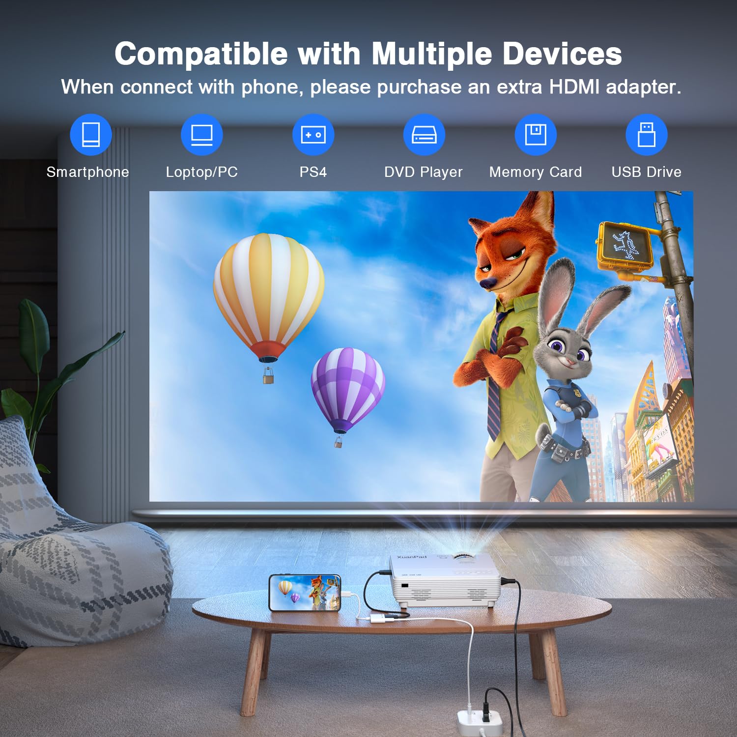 XuanPad Mini Projector, 2025 Upgraded 14000L Portable Video Home Projector, HD 1080P Supported, Compatible with TV Stick, HDMI, USB, AV, Laptop, iPhone, Android Smartphone