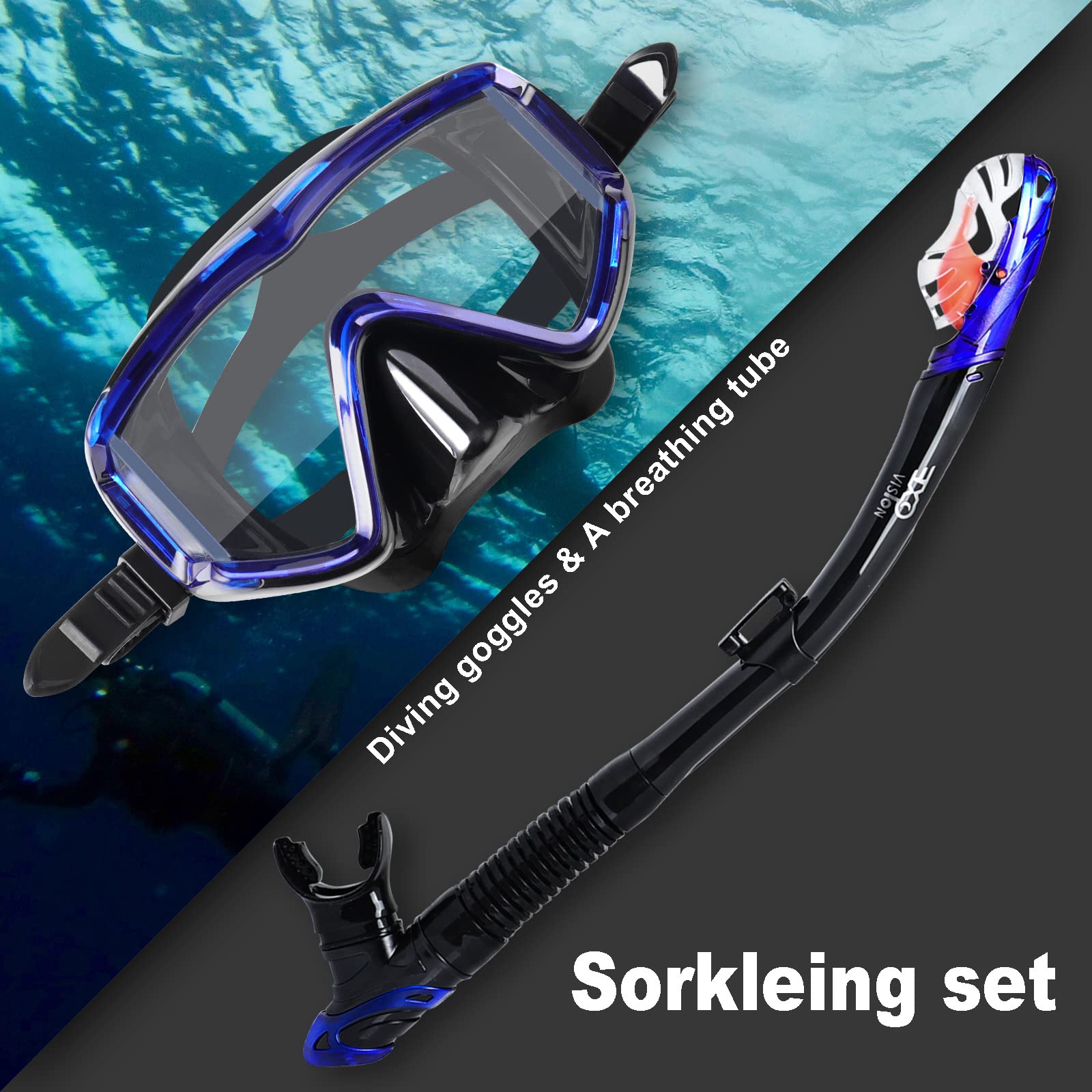 Dry Snorkel Set, Pano 3 Window Snorkel Mask, Anti-Fog Scuba Diving Goggles and Snorkel, Professional Adult Snorkeling Swim Mask Gear (Blue Set)