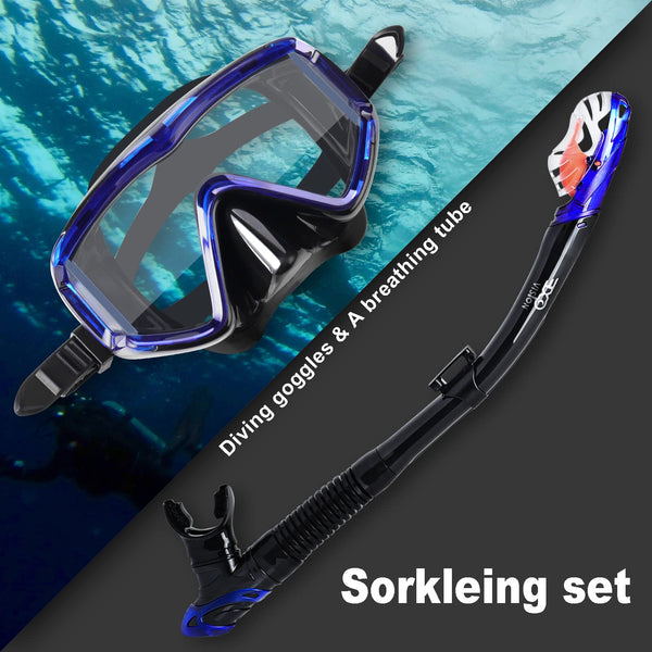 Dry Snorkel Set, Pano 3 Window Snorkel Mask, Anti-Fog Scuba Diving Goggles and Snorkel, Professional Adult Snorkeling Swim Mask Gear (Blue Set)