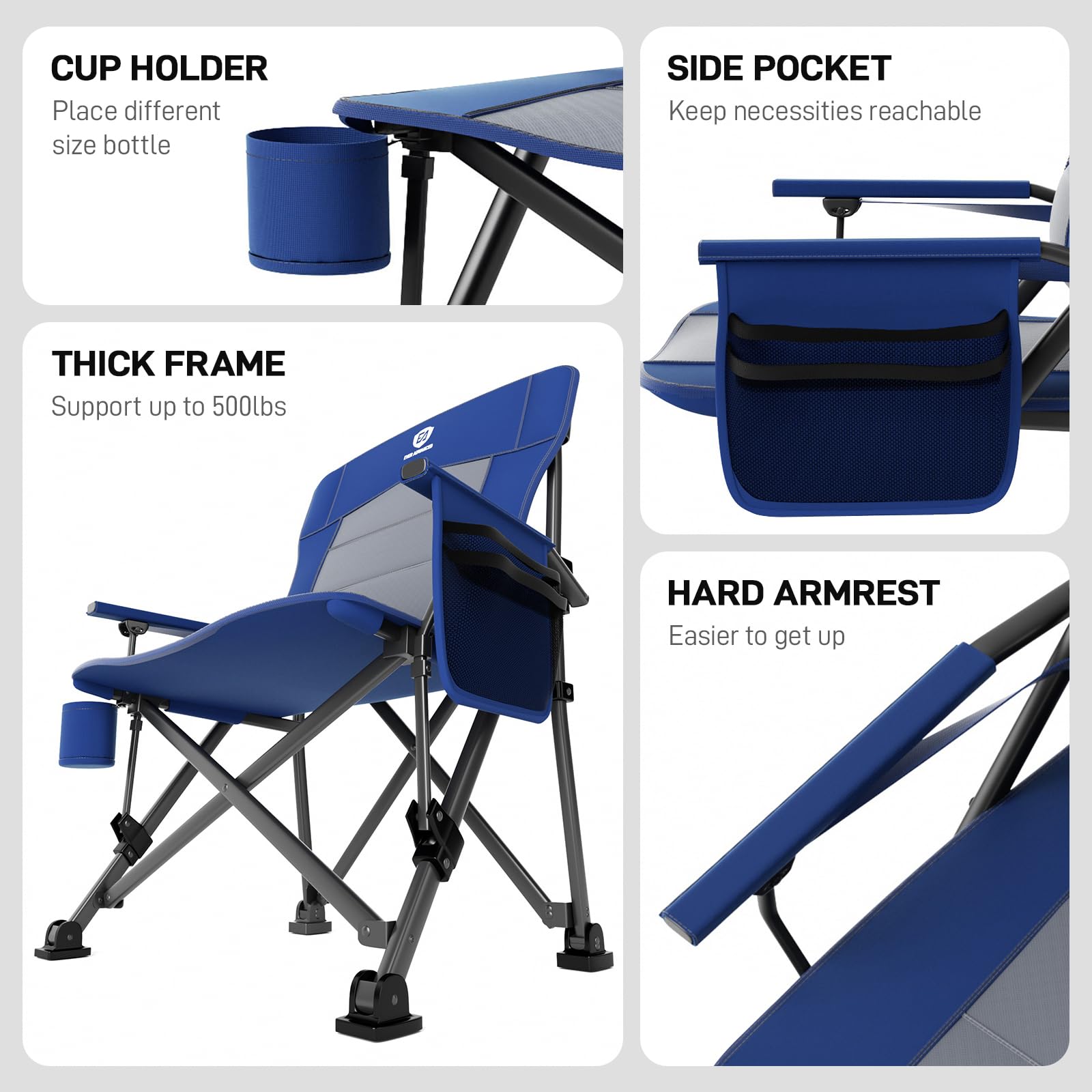 EVER ADVANCED Camping Chair for Adults Oversized 230KG, Folding Chair for Heavy People with Side Pocket, Heavy Duty Extra Wide with Hard Armrest Foldable Garden Fishing Outdoor Fold up