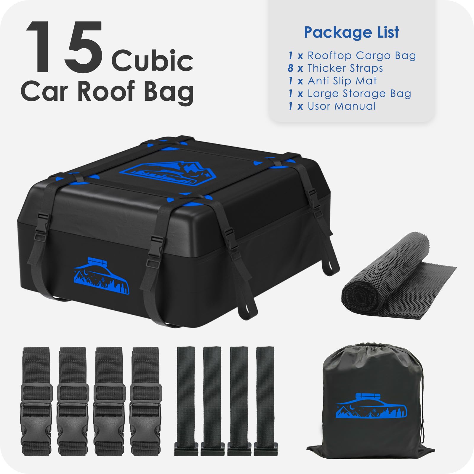 BOYUJK Car Roof Bag - 20 Cubic/566L, Waterproof, No Rack Needed, Anti-Slip Mat & 6 Heavy-Duty Straps, Folding Soft Roof Box (Blue, 566L)