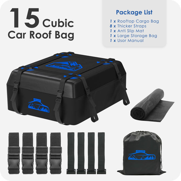 BOYUJK Car Roof Bag - 20 Cubic/566L, Waterproof, No Rack Needed, Anti-Slip Mat & 6 Heavy-Duty Straps, Folding Soft Roof Box (Blue, 566L)