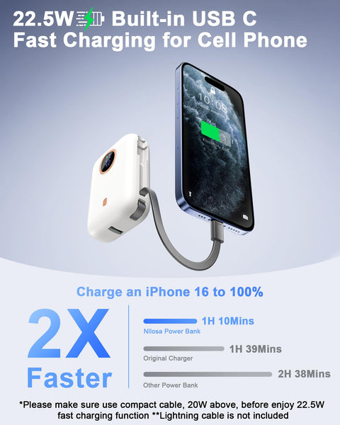 Power Bank Fast Charging 10000 mAh, 22.5W PD QC3.0 High-Speed Portable Charger, PowerBank With Built In Cable USB C, Pocket-Sized Battery Pack for iPhone 16/15, Samsung S23/S24 and More (Jet Black)