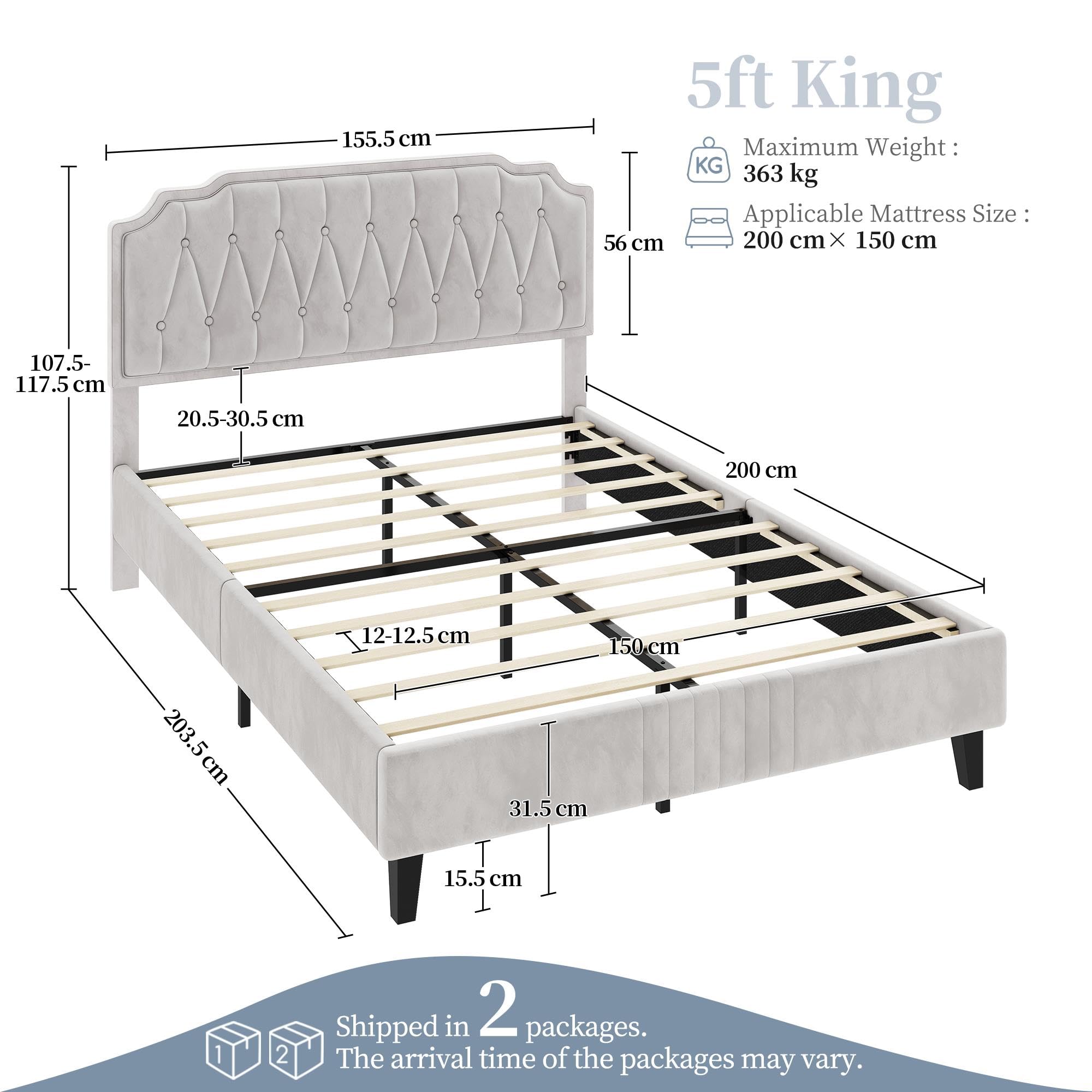 Yaheetech 5ft King Bed Frame Upholstered Platform Bed with Adjustable Button Tufted Headboard/Velvet Fabric/Sturdy Wooden Slat Support/No Box Spring Needed, Dark Grey King Bed