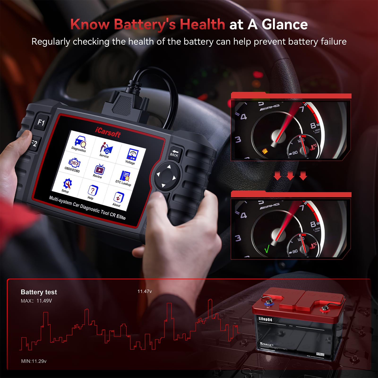 iCarsoft E660 OBD2 Scanner, Car Diagnostic Tool for Engine ABS SRS Transmission, Code Reader with 6 Maintenance Services, Oil/EPB/BMS/ETC/SAS/TPMS Reset, Battery Test, Lifetime No Charge Update