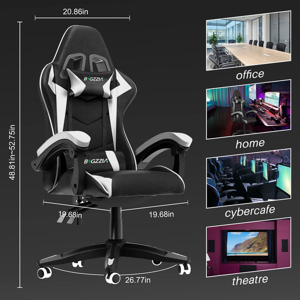 bigzzia Ergonomic Gaming Chair - Gamer Chairs with Lumbar Cushion + Headrest, Height-Adjustable Office & Computer Chair for Adults (without footrest, White)