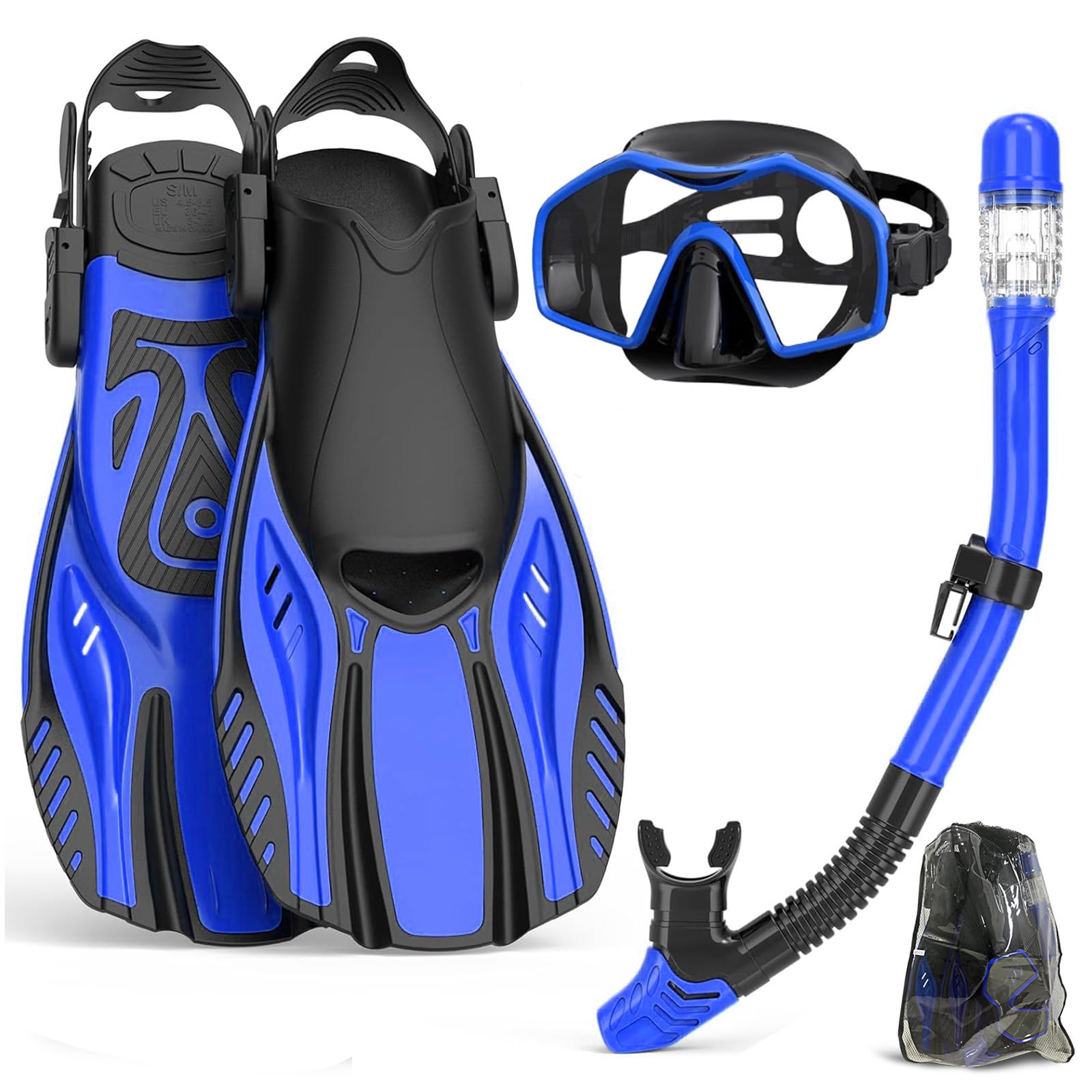 Snorkel Set Adults with Flippers,Snorkel Mask with Adjustable Swim Fins,Dry Snorkel,Panoramic View Swimming Goggles Snorkelling Packages,Snorkeling Gear for Snorkeling Scuba Diving Swimming Travel