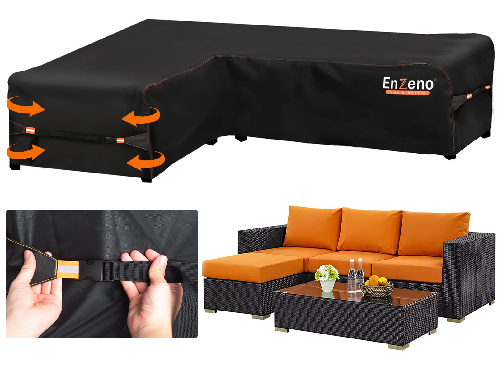 Enzeno Garden L-Shape Furniture Cover Waterproof, 420D Heavy Duty Oxford Fabric Outdoor Rattan Corner Sofa Cover with Waterproof Tape (210 * 260 *