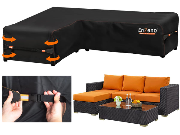 Enzeno Garden L-Shape Furniture Cover Waterproof, 420D Heavy Duty Oxford Fabric Outdoor Rattan Corner Sofa Cover with Waterproof Tape (140 * 210 *