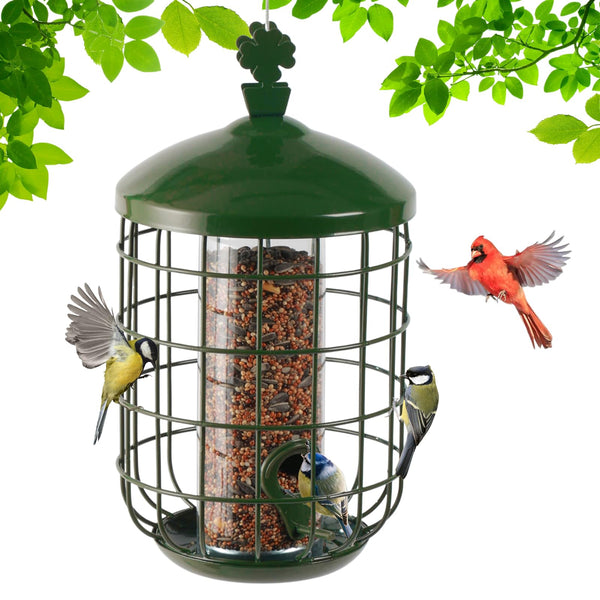 MIXXIDEA Metal Bird Feeders for Outdoors Hanging, Caged Tube Bird Feeder for Small Backyard Birds, Squirrel Proof Wild Bird Seed Feeders, Attracting Birds in Your Lawn, Garden,Green
