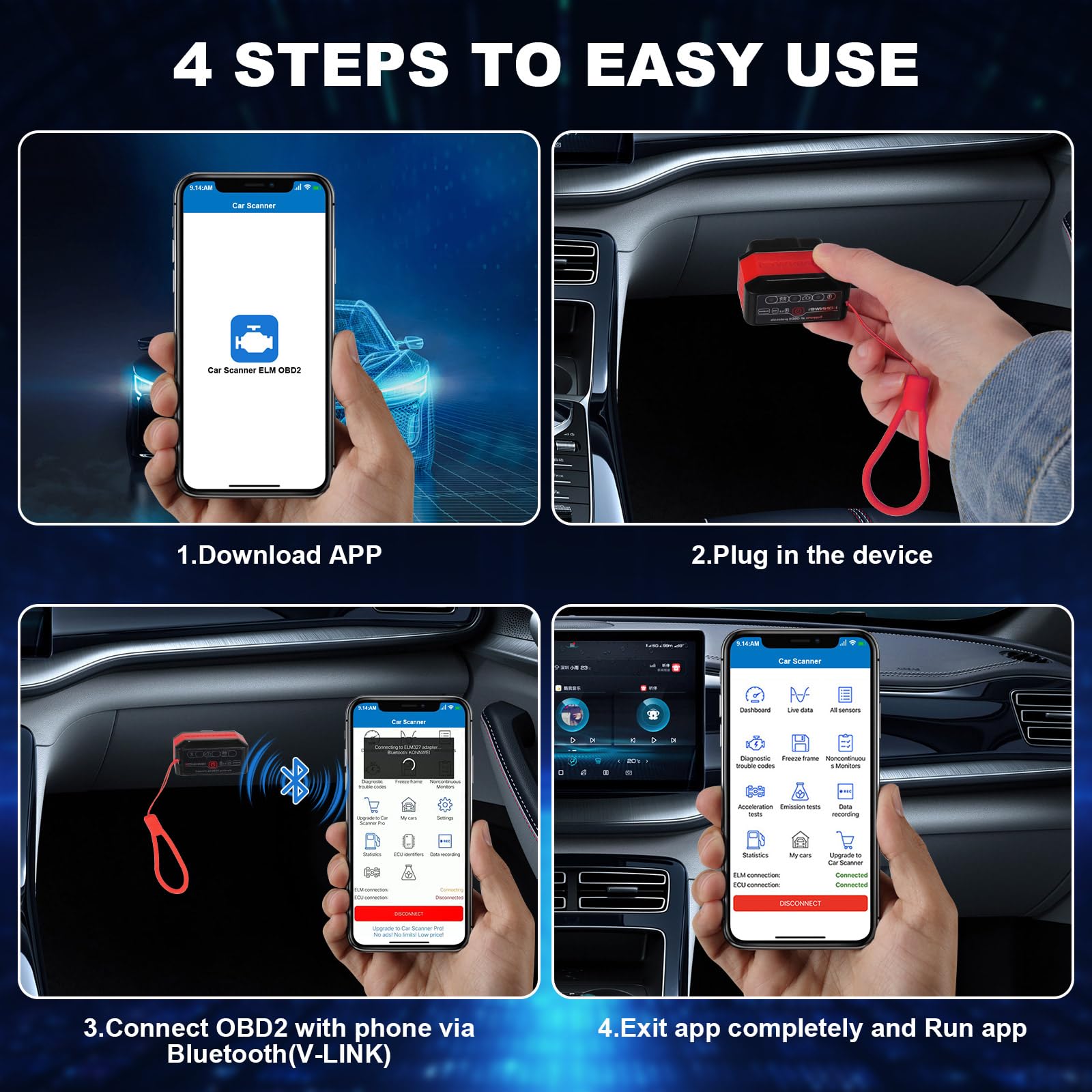 jianyana OBD2 Code Reader, OBD2 Scanner Bluetooth Universal Car Engine Fault Code Reader Car Diagnostic Scanner Diagnostic Scan Tool with BMW Ford VW Audi All OBDII Vehicles