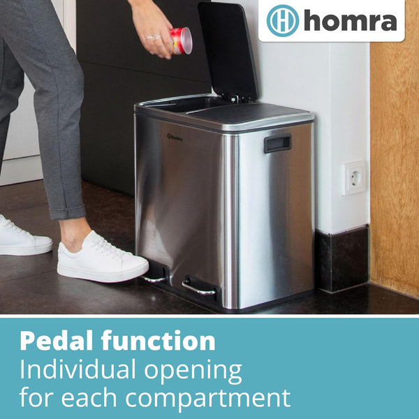 Homra Dual Kitchen Bin 30l  Double Rubbish Bins 2x15l  2 Compartment Pedal System  Twin Section Waste&Recycling Separation  Soft Close Design