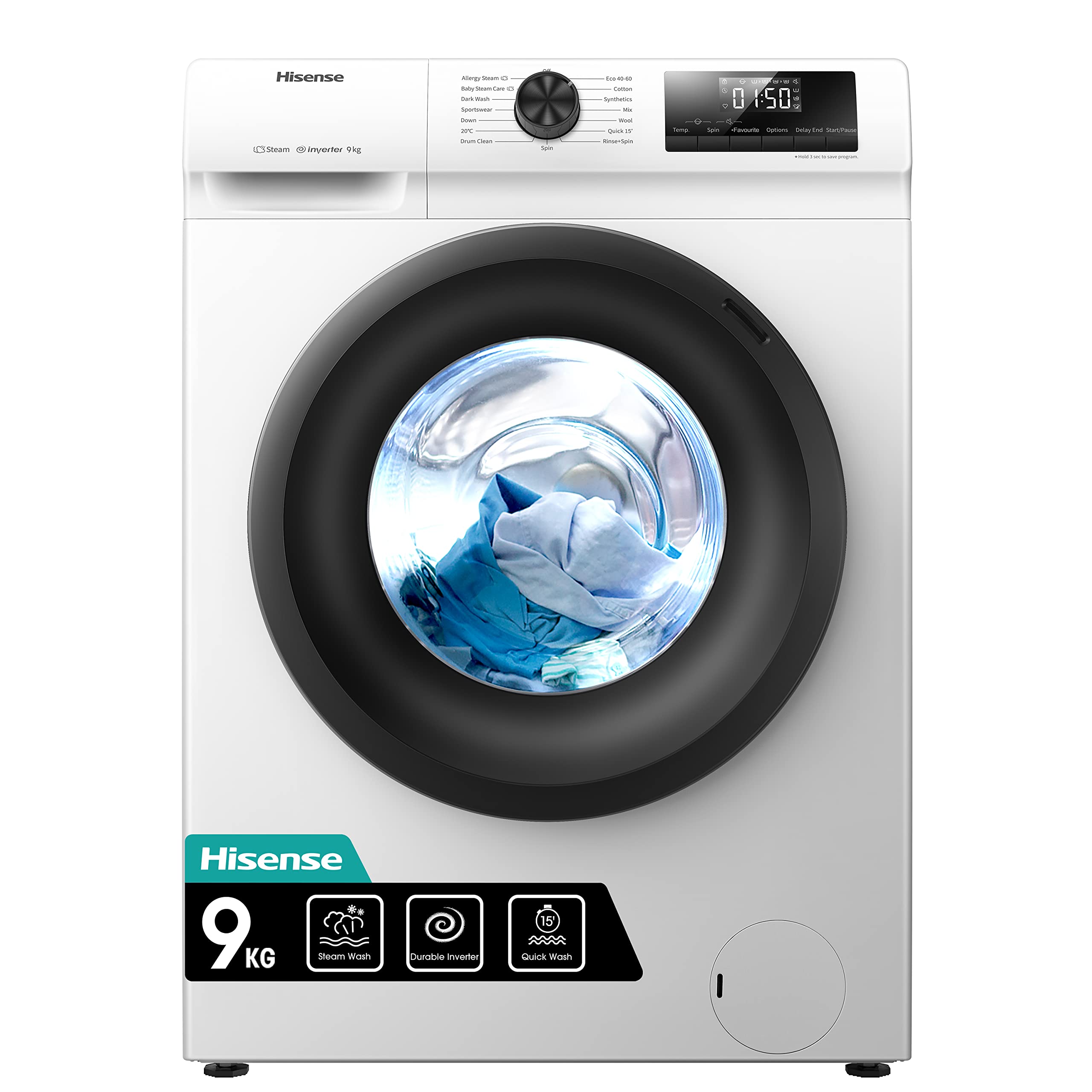 Hisense 3 Series WFQA9014EVJM Freestanding 9 KG Front Load Washing Durable Inverter Machine Steam Wash Quick Wash 15 Washing Programs 1400 RPM White- Energy Rating A