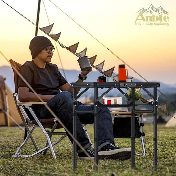 Anbte Folding Camping Table with Storage Net, Aluminum Small Folding table Adjustable Height Max 67 cm Pure Black 59cm x 40cm Outdoor Table,