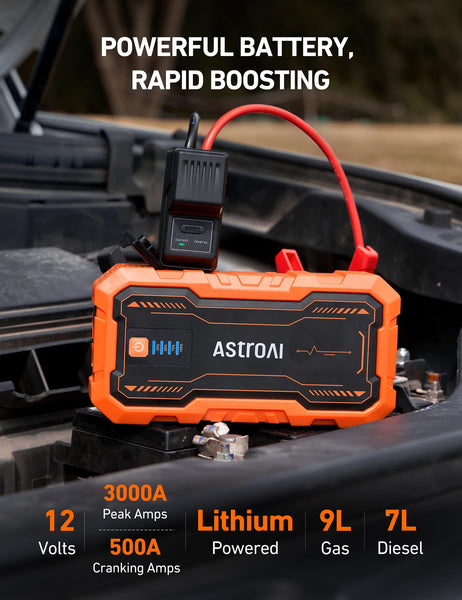 AstroAI S8 Pro 3000A Car Battery Booster Jump Starter Power Pack & Portable Car Jump Starter Power Bank for 12V Vehicles (9.0L Petrol / 7.0L Diesel), with Smart Jumper & LED Torch
