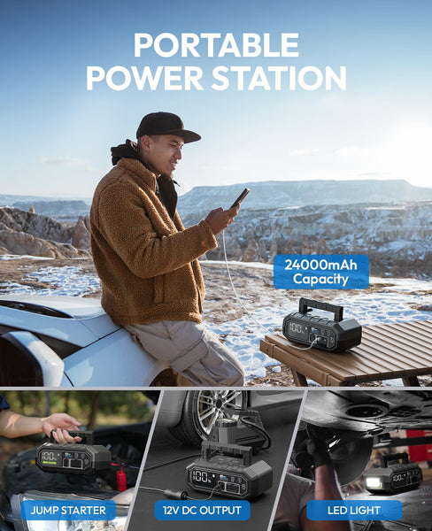 Jump Starter Power Pack Car Battery Starter 2000A 12V for 7.0L Gas & 6.5L Diesel with 12V/6A Output Extension Port, Portable Car Battery Booster 16000mAh Power Bank, High-Efficiency for All Weather