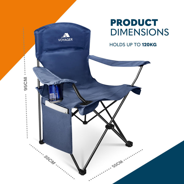 Voyager Folding Camping Chairs 2 Pack with Cooler Bag, Lightweight Q195 Steel Frame, 600D Oxford Fabric, Portable & Comfortable - Black (Black, Padded)