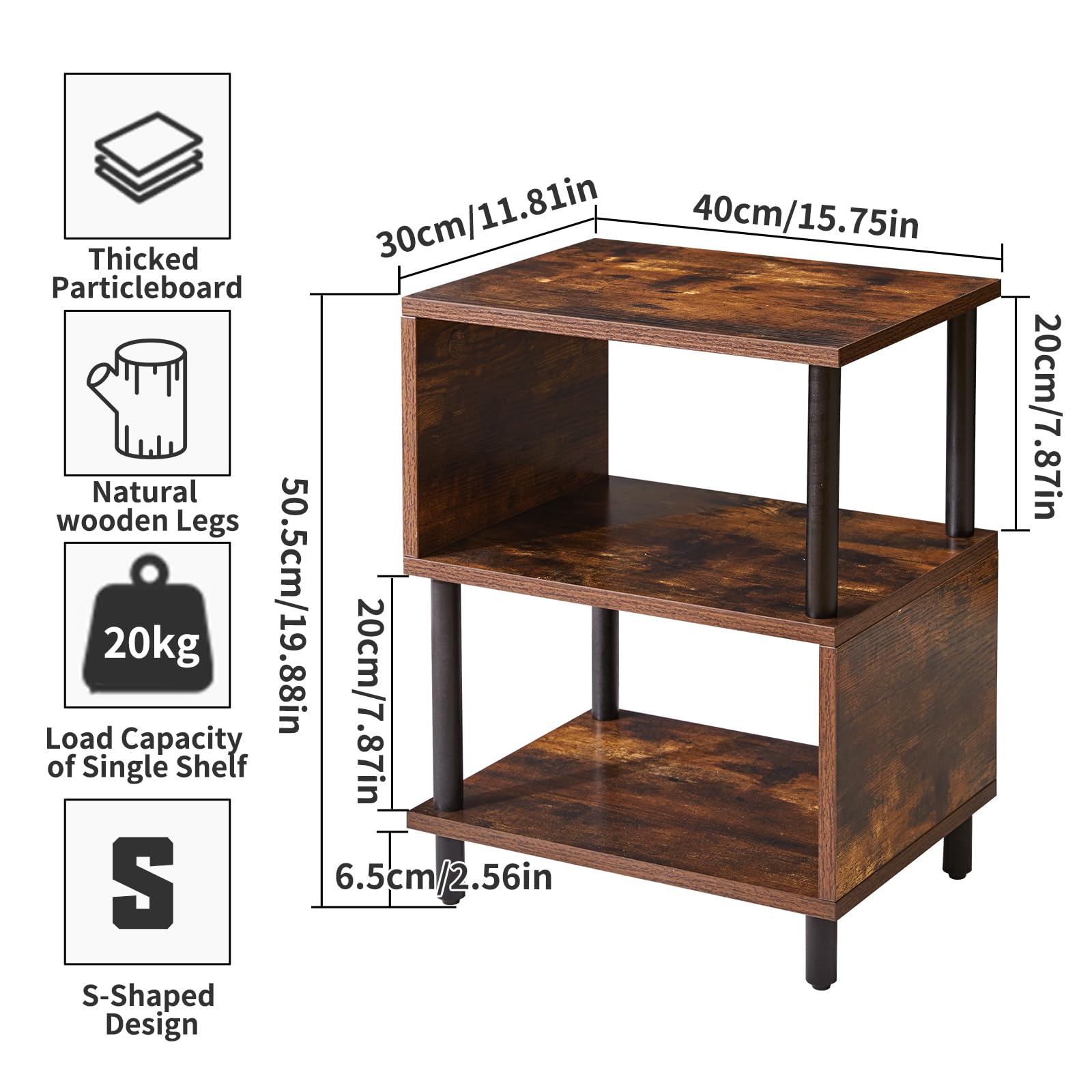 Aibiju 3 Tier S-shaped Design Side Table, Sofa Side Table, Narrow End Table with Storage Shelf for Living Room, Bedroom/Narrow Space Retro Color+Black